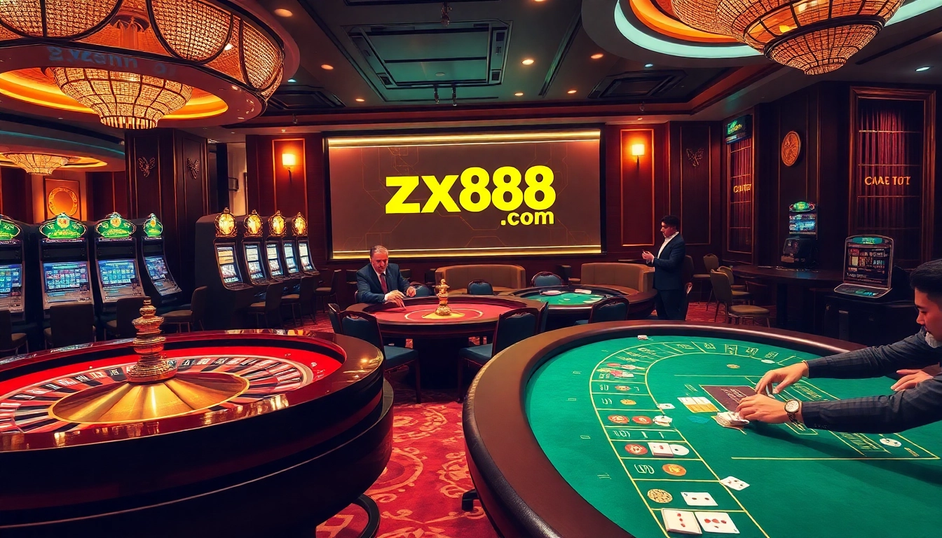 Players enjoying thrilling experiences at zx88 com casino tables with colorful chips and cards.