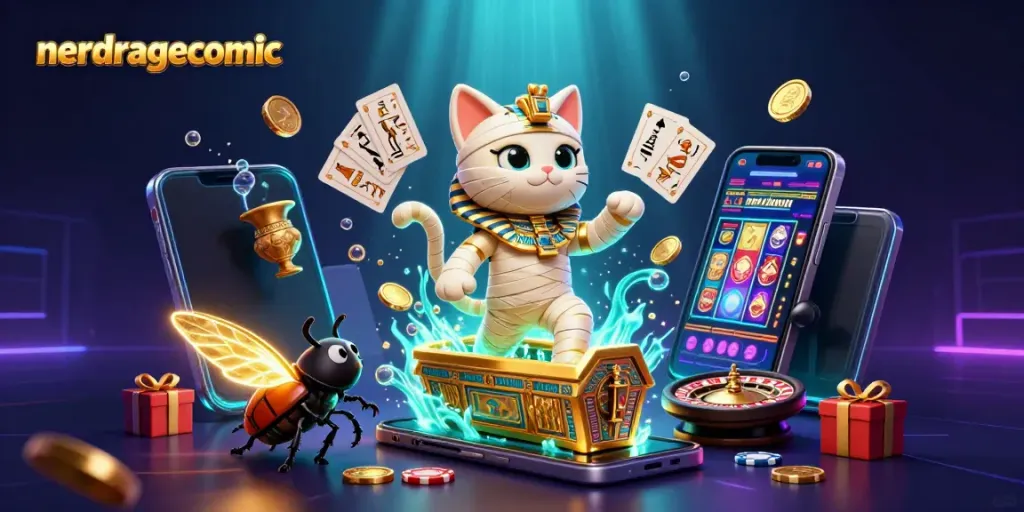 Ilustrasi 3D dari nerdragecomic menampilkan kucing mummy Mesir yang beraksi di kasino pyramid sambil memainkan slot.
