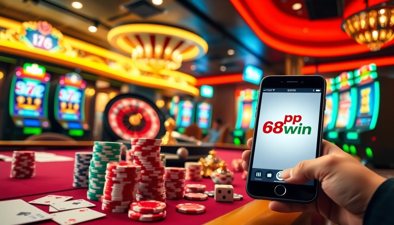 Tải app 68win showcases thrilling casino gaming with vibrant tables, chips, and a spinning roulette wheel.