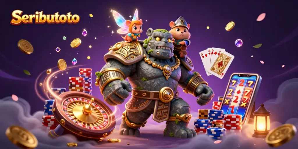 Seributoto brings a whimsical 3D casino scene to life with a golden golem, fairy, and hamster knight.