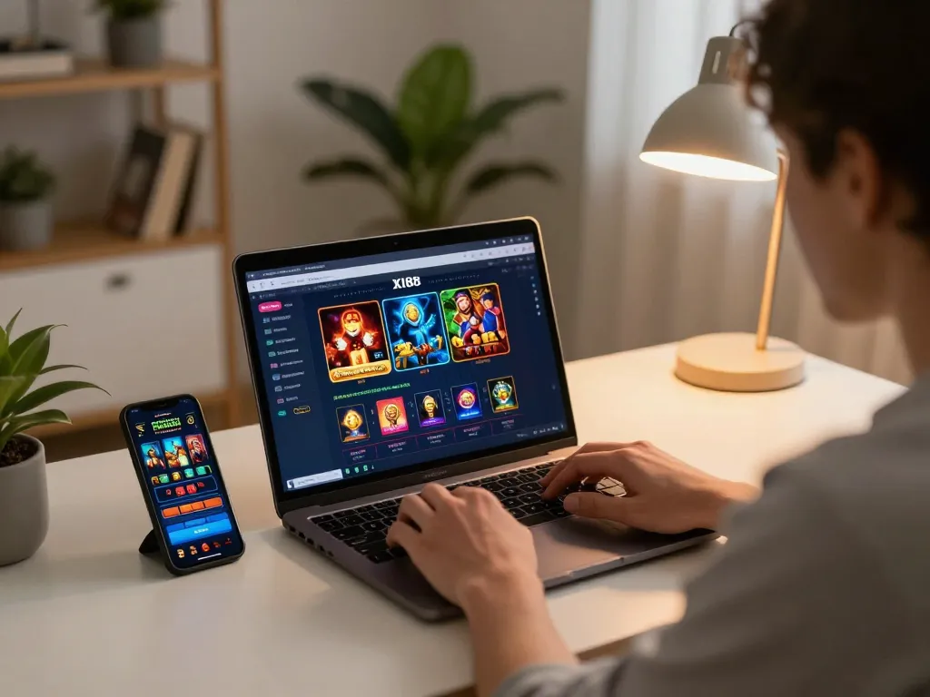 Engaging online gaming session at https://xi88.global/ with a player focused on strategic betting at their laptop.