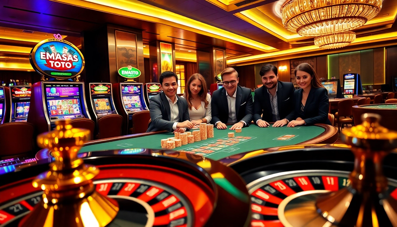 Experience Emas Toto thrills with high-stakes poker and vibrant slot machines in a luxurious casino setting.