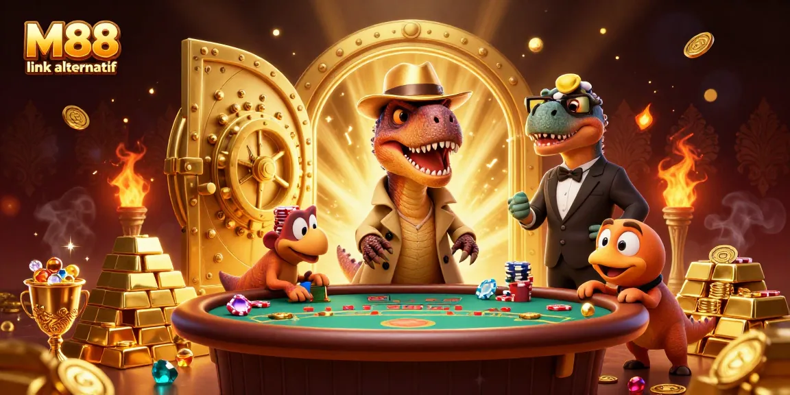 M88 link alternatif showcases a sly velociraptor card counter sneaking chips at a blackjack table.