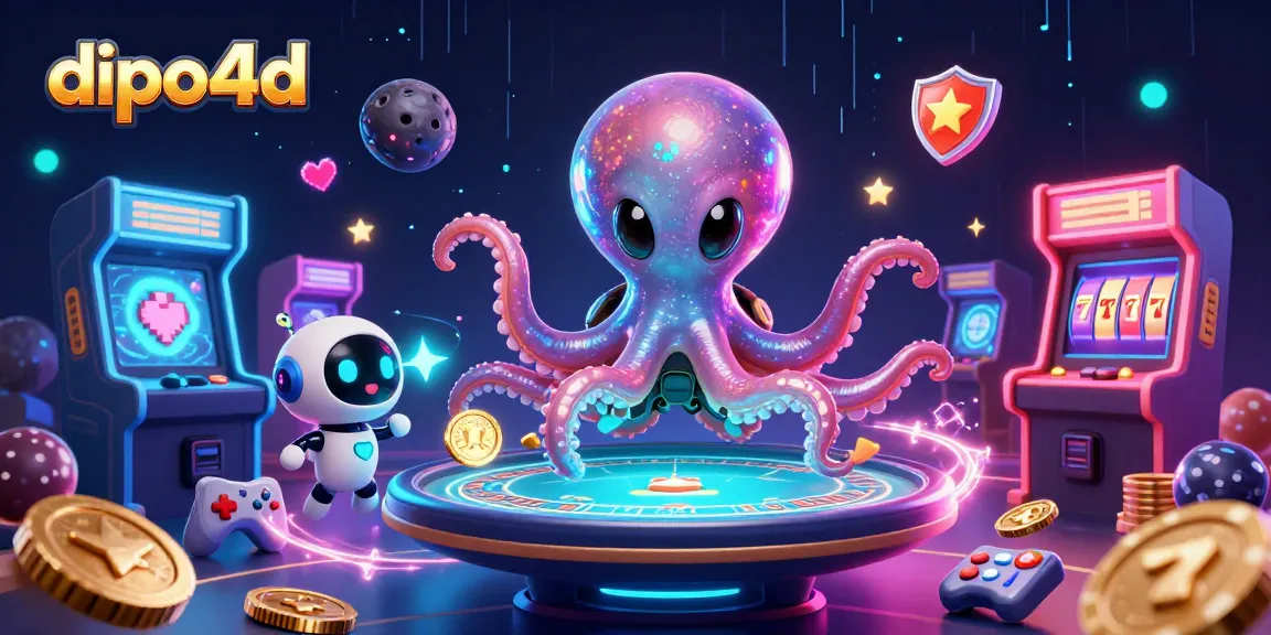 dipo4d showcases a vibrant alien octopus at a holographic poker table amidst stellar casino elements.
