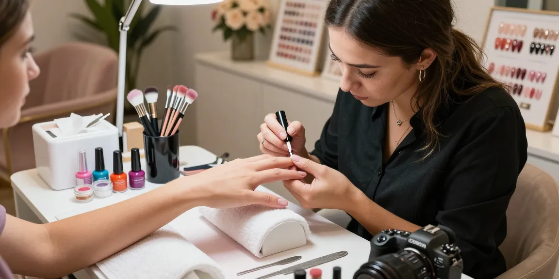Seorang teknisi kuku profesional sedang menerapkan LUXURY 12 gel polish di salon mewah, dikelilingi peralatan canggih dan pencahayaan lembut.