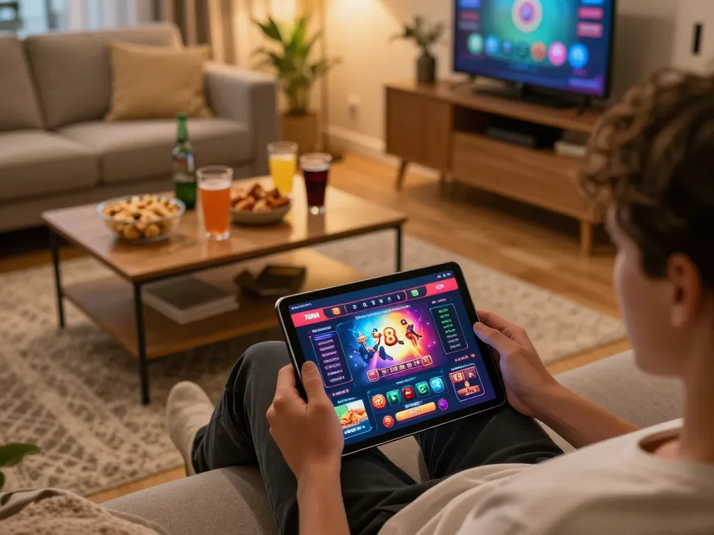 Player enjoying the 78win casino app on a tablet in a cozy home setting