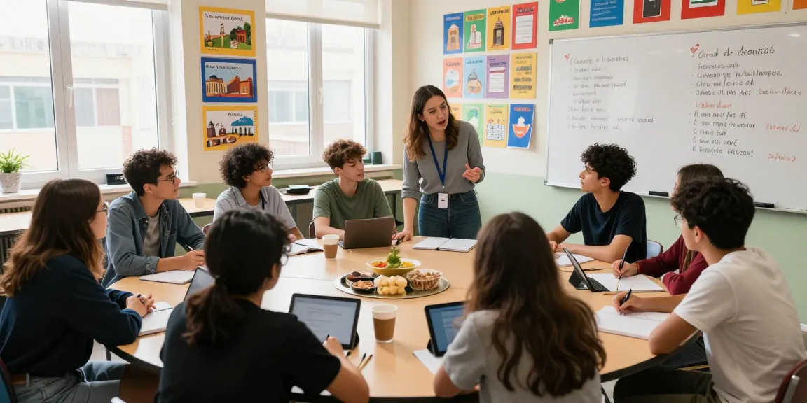 Engaged students learning Italian in a colorful classroom for toto togel enthusiasts.