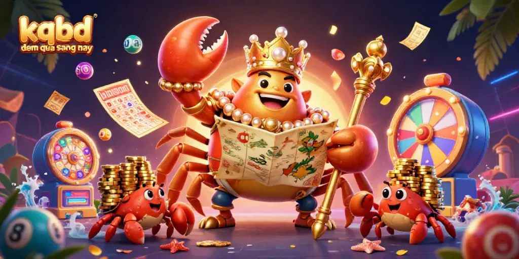 Engage in kqbd dem qua sang nay with an illustration of a golden crab emperor ruling over vibrant lottery elements in a dynamic casino scene.