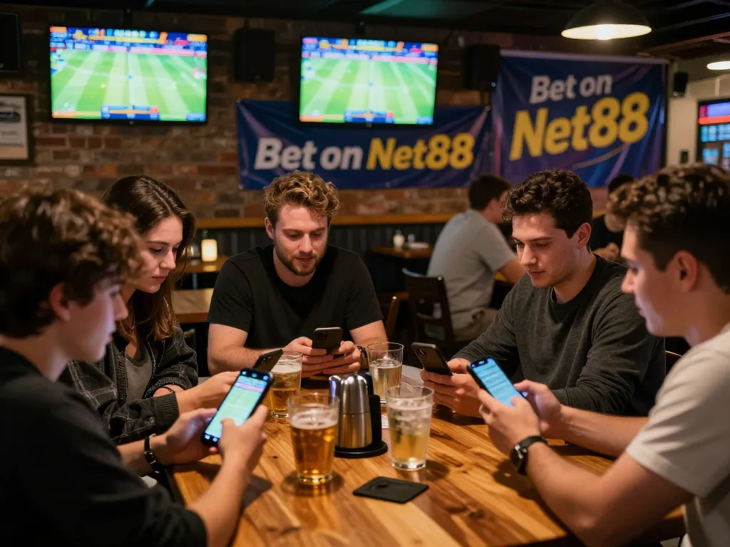 Excited patrons placing bets on Net88 using mobile apps at a vibrant sports bar.