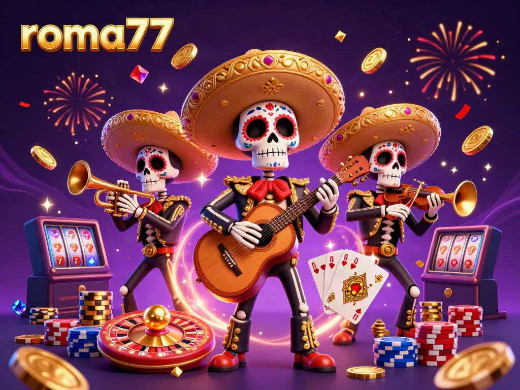 Gambaran ilustrasi 3D bertema kasino dengan roma77, melibatkan kerumunan, koin emas, dan efek kembang api.