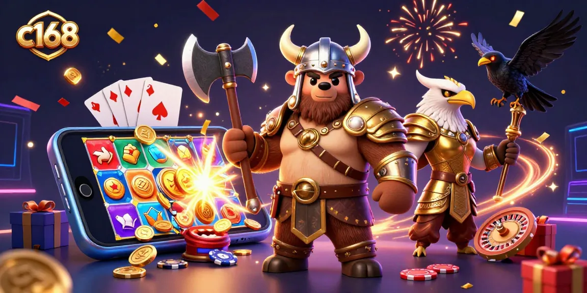 Engage with c168's exciting slot game adventure featuring a Viking bear and Valkyrie eagle.