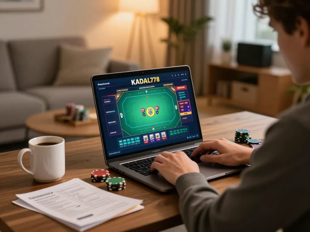 KADAL778 player enjoying an online poker game on a laptop, highlighting a modern home setting with strategy notes.