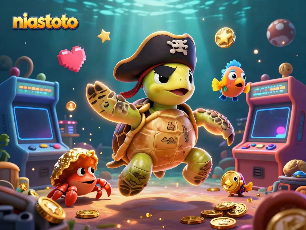 Experience niastoto's vibrant world of games with a cartoon pirate turtle and friends amidst glowing arcade treasures.