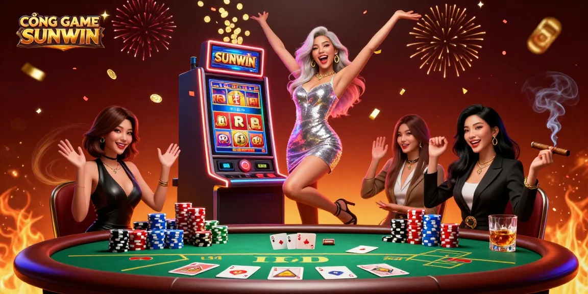 Experience excitement at CỔNG GAME SUNWIN with a celebratory scene of gambling thrill and jackpot wins.