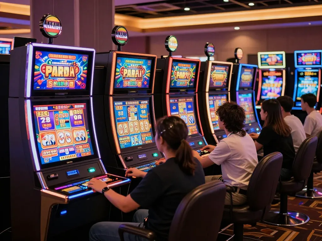 Players enjoying slot gacor machines in a vibrant online casino atmosphere with colorful lights and engaging gameplay.