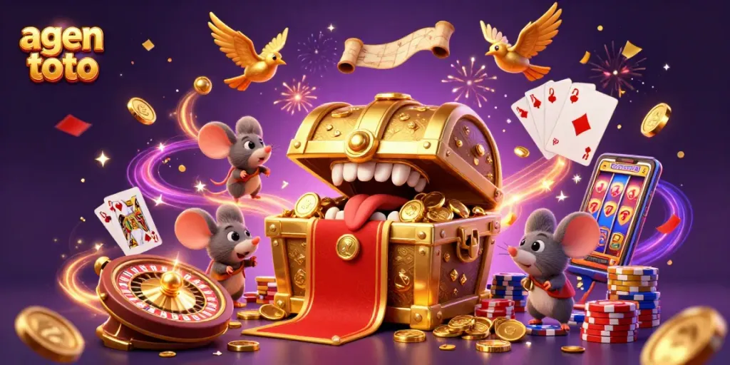 Menang dengan agen toto dalam ilustrasi kasino 3D yang menampilkan peti harta karun emas dan simbol kasino.