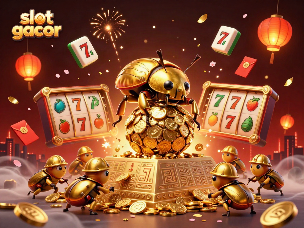 Engage with slot gacor-themed ultra-detailed 3D illustration showcasing vibrant casino elements.