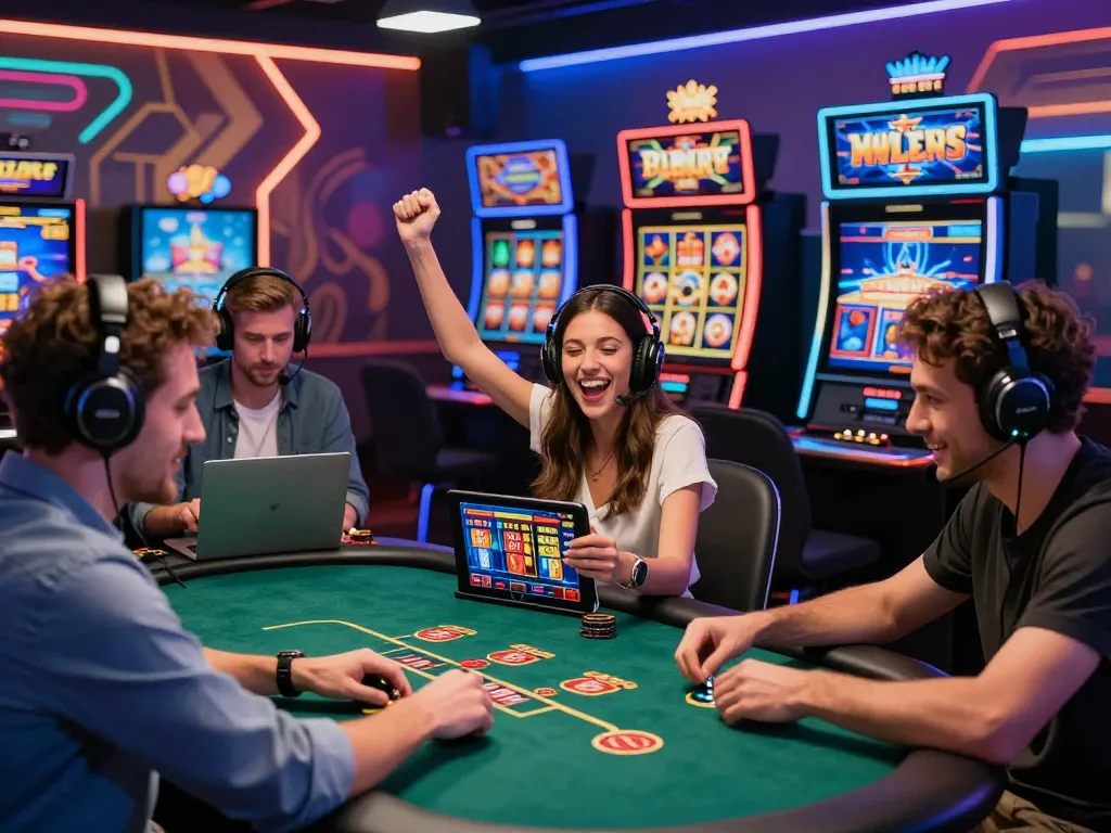 Engaging scene of players enjoying MM88's diverse online casino games, highlighting slots and poker excitement in a modern virtual environment.