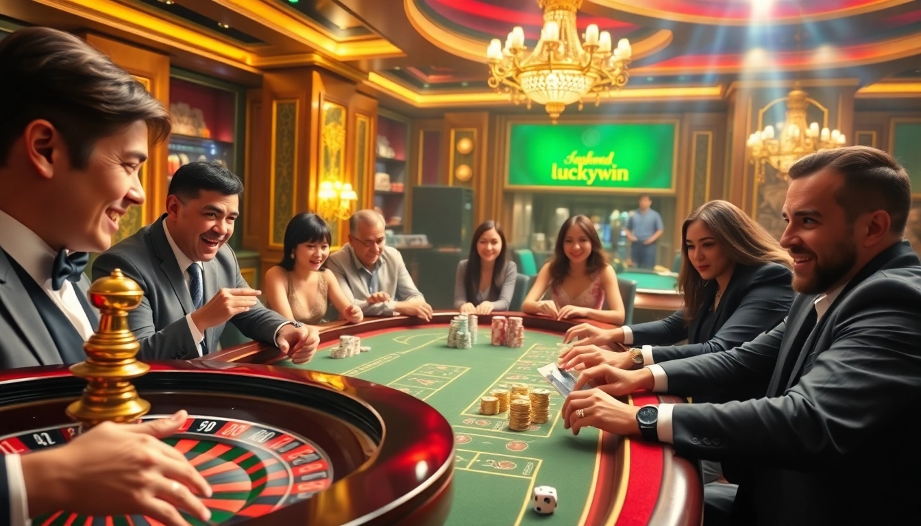Luckywin casino players celebrating a big win at a vibrant roulette wheel.