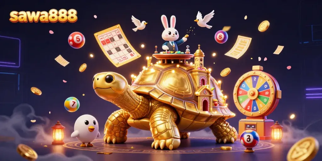 Engage with sawa888’s exciting casino scene featuring a golden tortoise with a rabbit dealer amidst vibrant game elements.