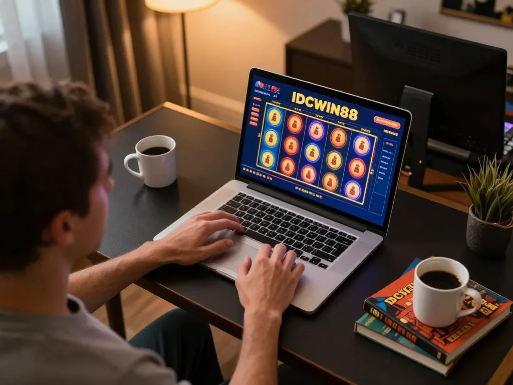 Engaging gameplay moment on IDCWIN88 online casino platform, showcasing vibrant slot reels for enthusiastic gamers.