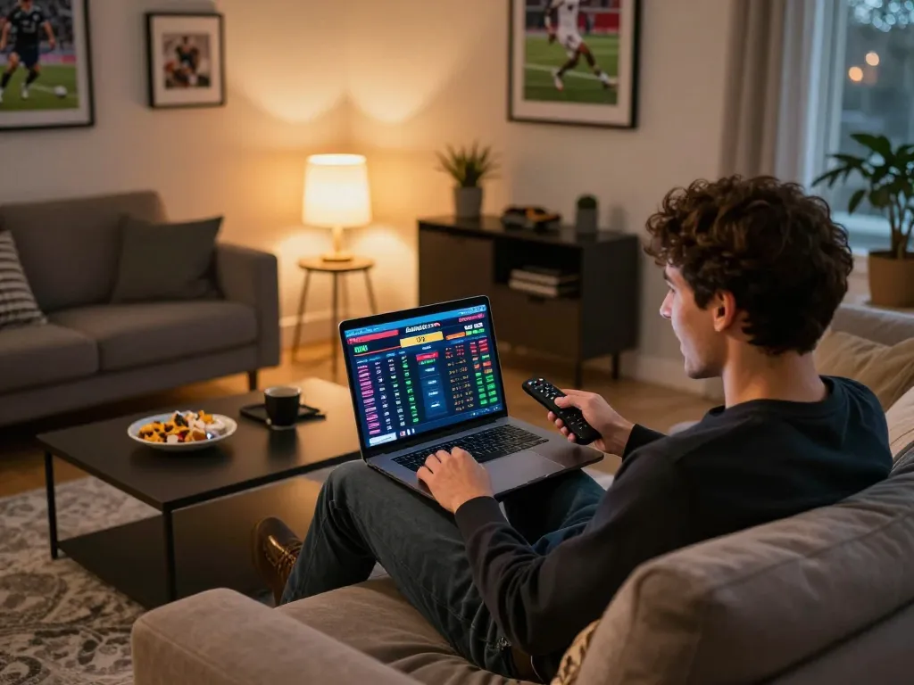 Engaging online sports betting experience at https://Zbetat.com/, showcasing excitement and comfort in a cozy home setting