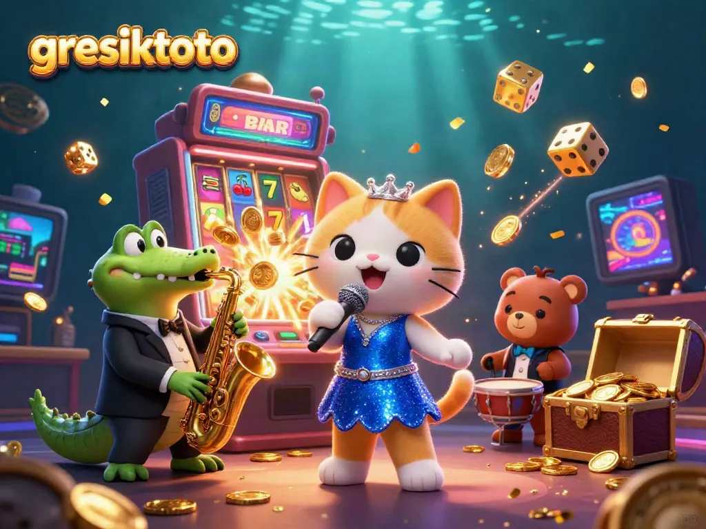 Experience vibrant casino excitement with gresiktoto as a jazz-singer cat, crocodile, and bear cub celebrate wins.