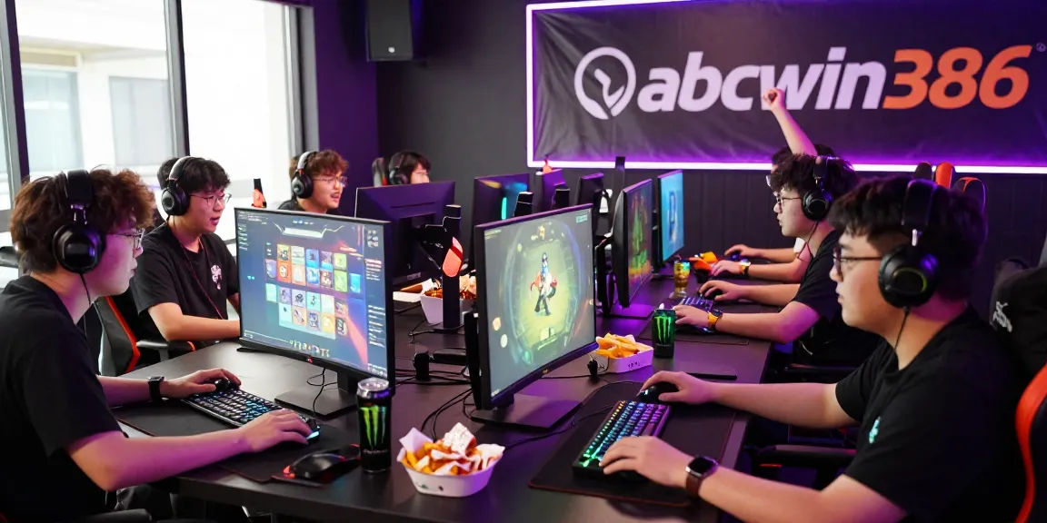 Suasana studio permainan dengan pemain bersemangat dan logo abcwin386 bersinar di layar.