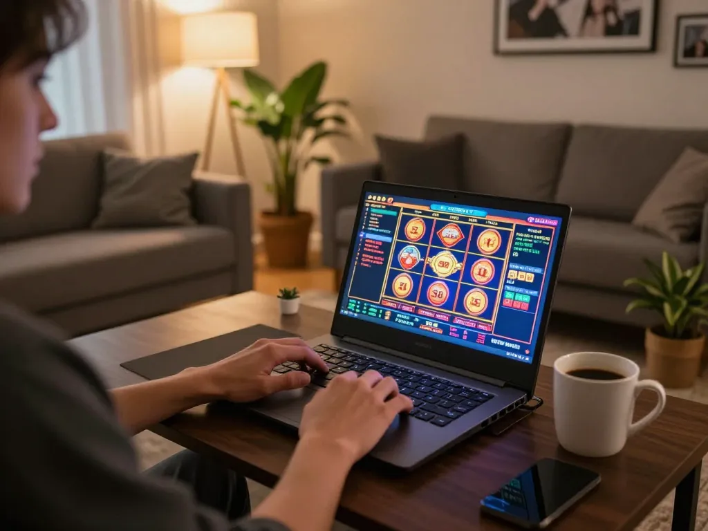 S8 players enjoying online gaming on a laptop in a cozy home setting with vibrant visuals