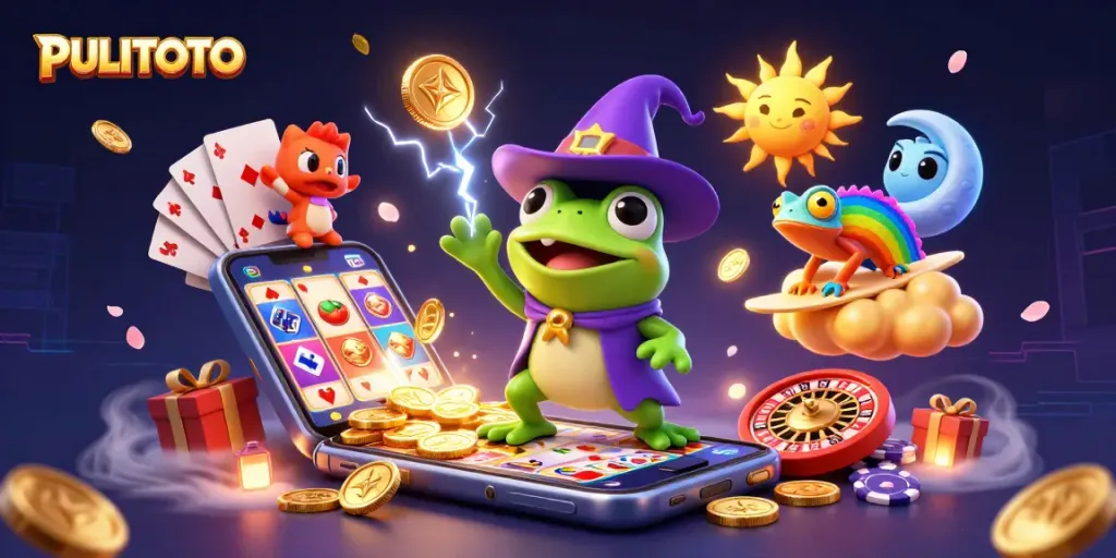 Experience the thrill of PULITOTO with a magical scene of a frog and chameleon amidst sparkling coins and games.