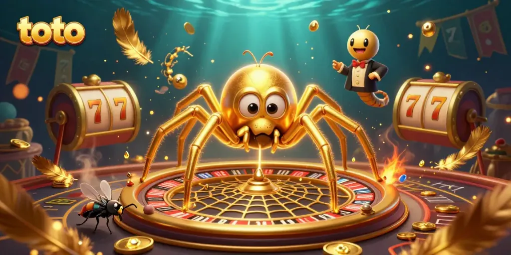Menempatkan taruhan pada toto dalam ilustrasi kasino yang memikat dengan laba-laba emas dan web roulette.