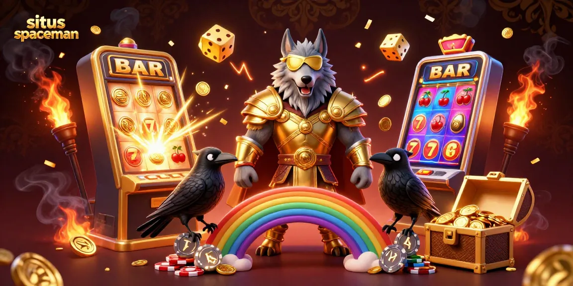 Mainkan situs spaceman dengan jackpot melimpah dan simbol keberuntungan terbang di sekitar karakter mitologi.