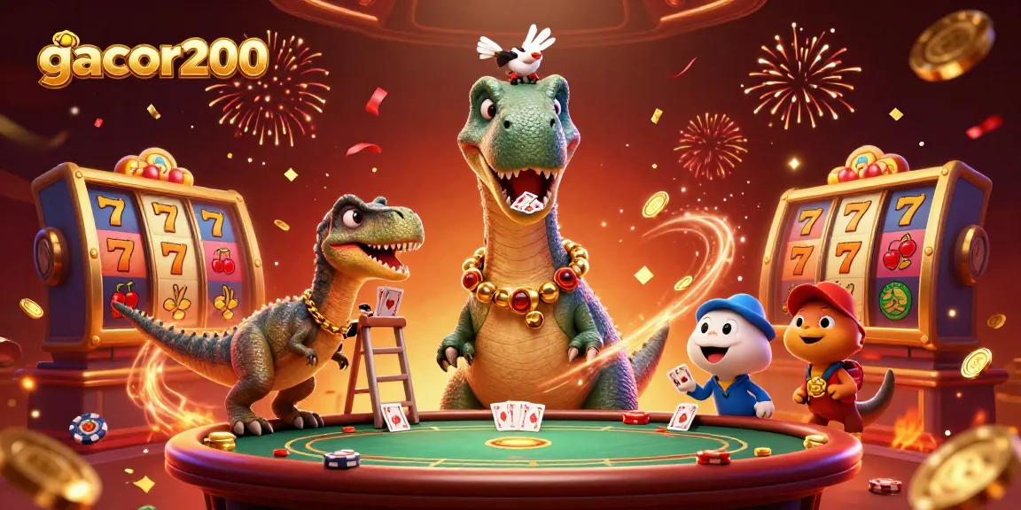 Gacor200 menawarkan suasana kasino yang meriah dengan slot dan kartu poker dalam ilustrasi 3D.