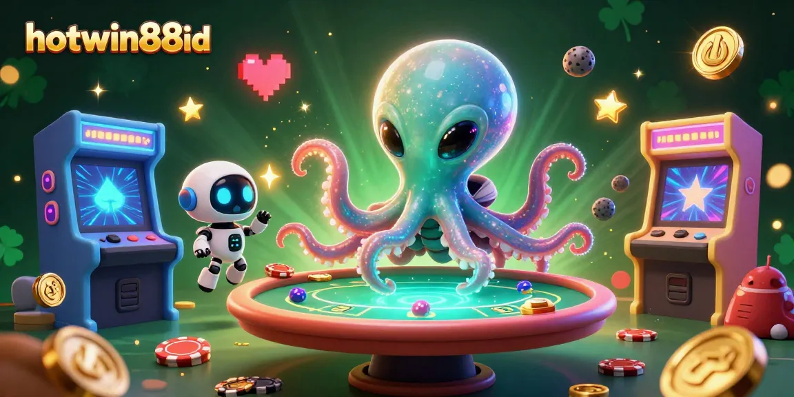 Play exciting games at hotwin88id featuring a vibrant 3D alien octopus at a poker table.