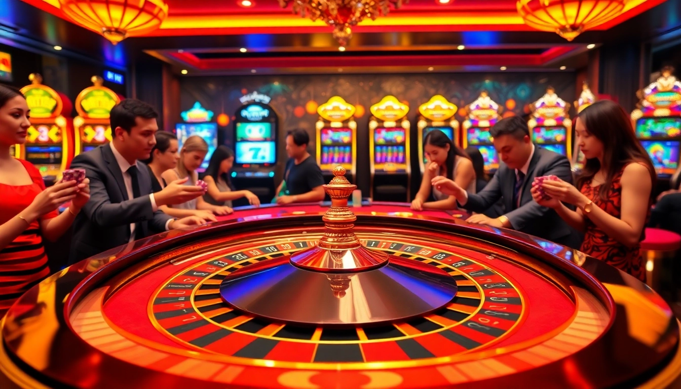Naga99 casino atmosphere with gamblers and roulette table excitement