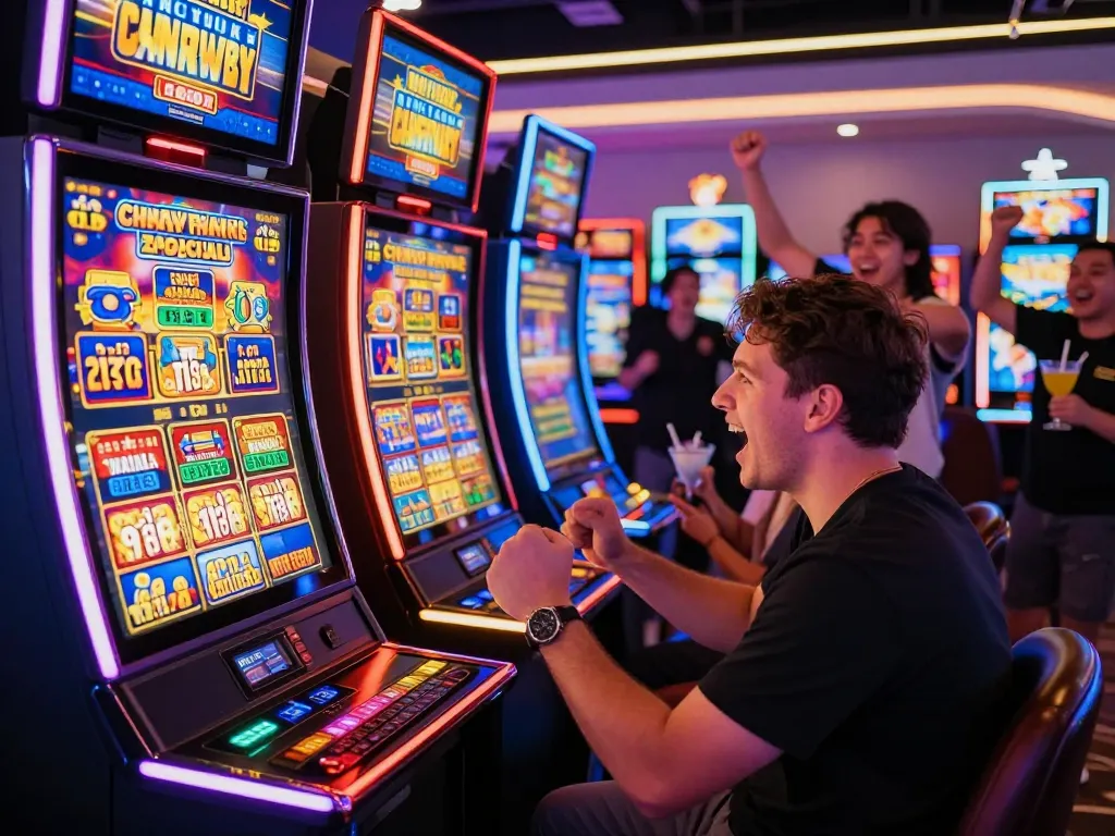 Pemain yang bersemangat merayakan di mesin slot gacor di kasino yang ramai.