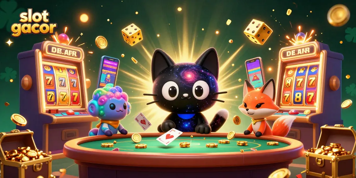 Experience slot gacor action with a cosmic cat and nebula fox at a lively casino table.