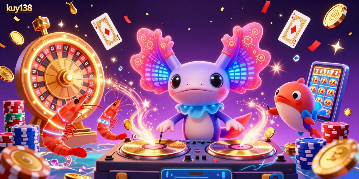 Pemain kuy138 menikmati permainan kasino dengan DJ axolotl dan hiasan uang emas yang berkilauan.