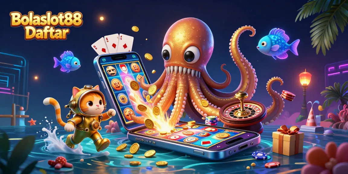 Bolaslot88 Daftar brings excitement with a kraken and diving cat amid vibrant casino elements.