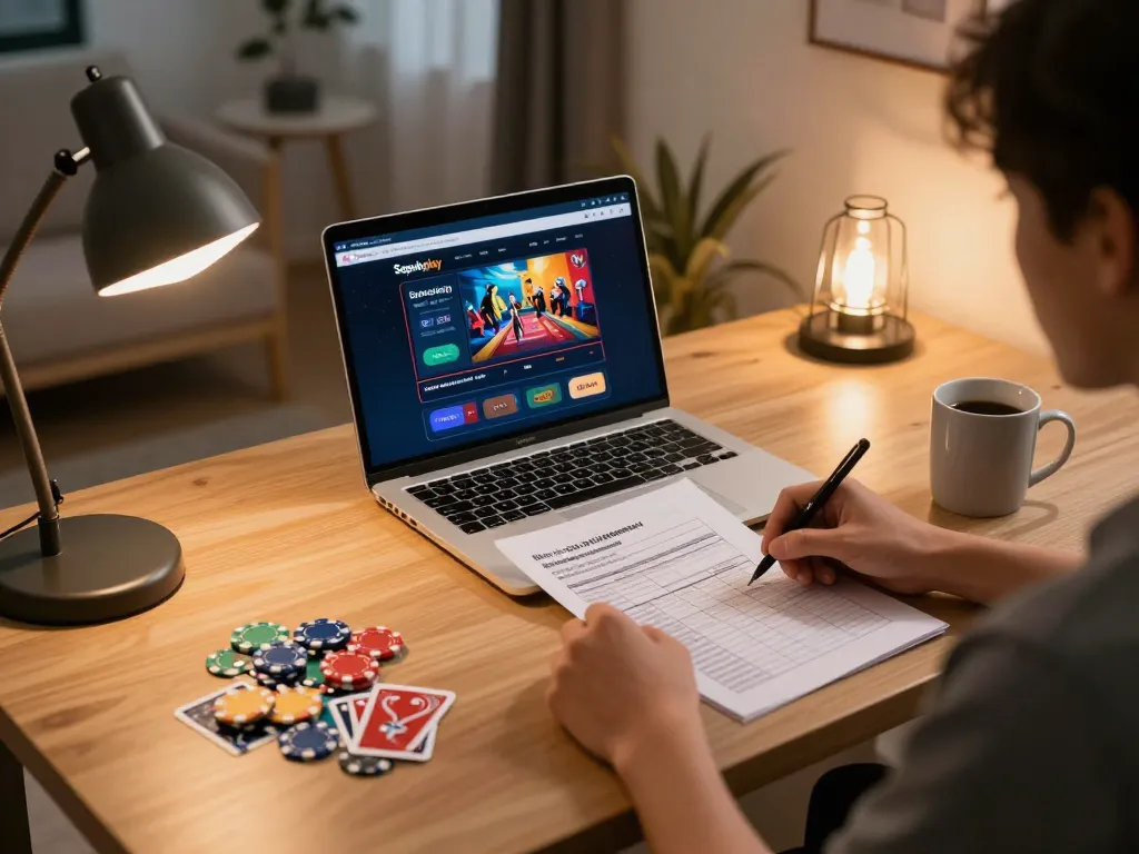 Engaging in strategic gameplay on Sepuhplay's online casino with a laptop and betting notes.