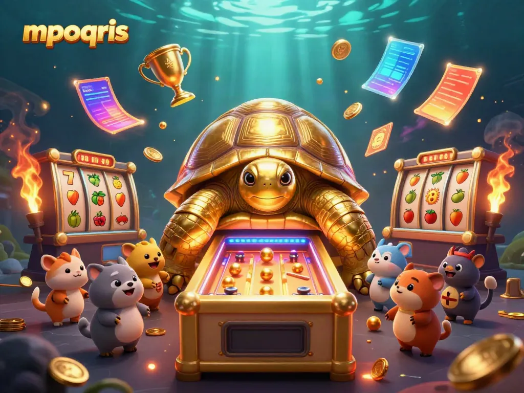 Permainan mpoqris dengan kura-kura emas besar sebagai mesin pinball, simbol bersinar dan slot menang.