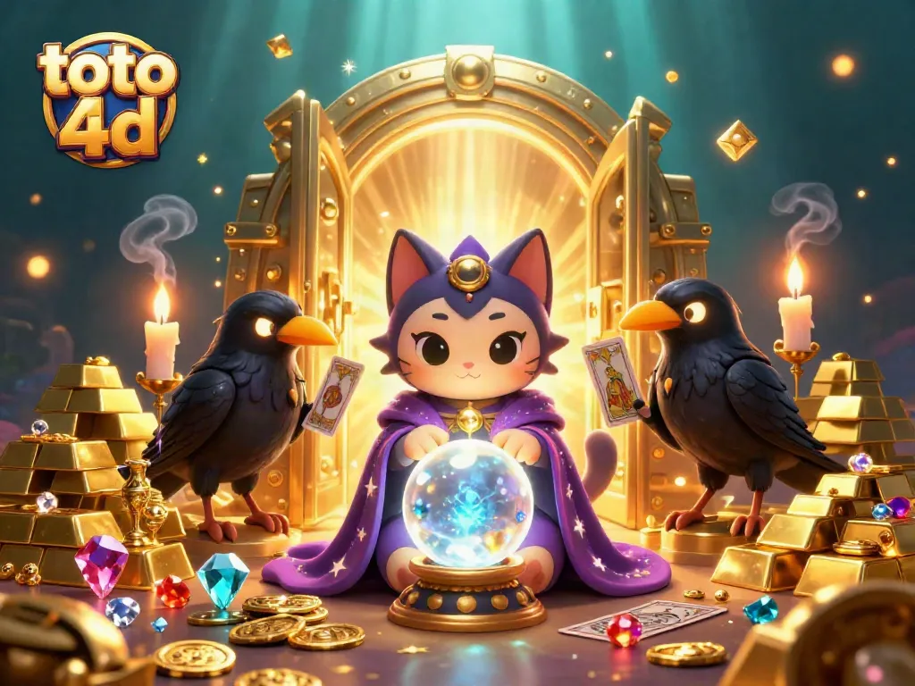 Menangkan toto 4d dengan ilustrasi mistis kucing peramal, burung gagak, dan harta karun gemerlap.