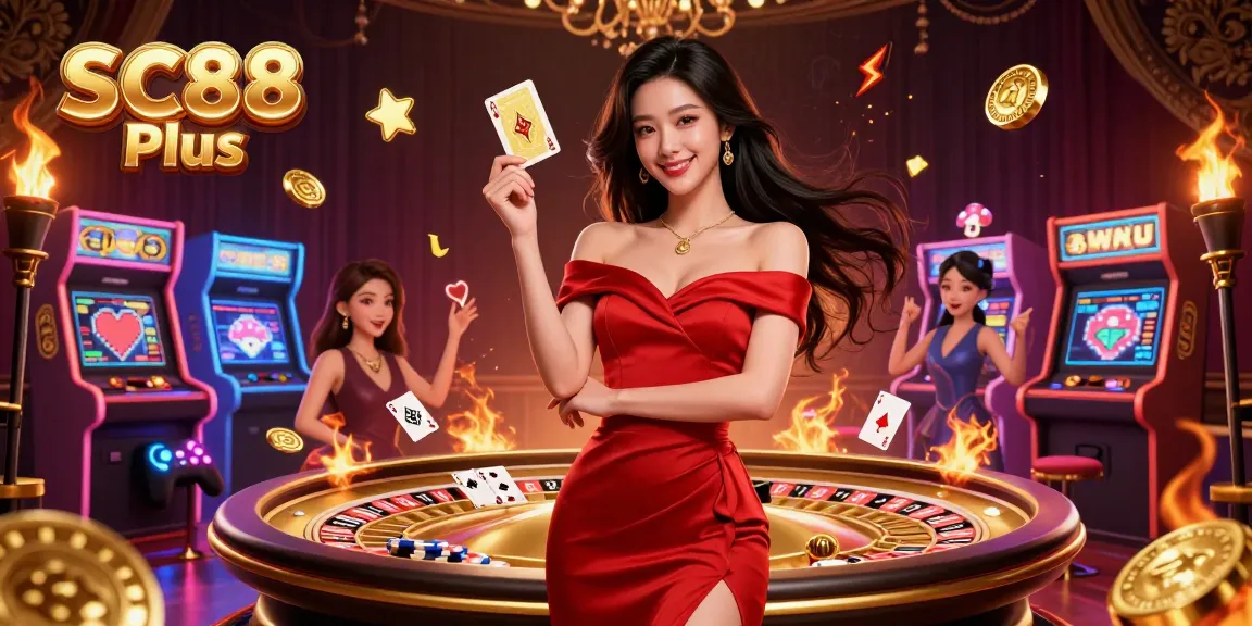 Win big at SC88 Plus with a stunning dealer and vibrant casino games surrounding her.