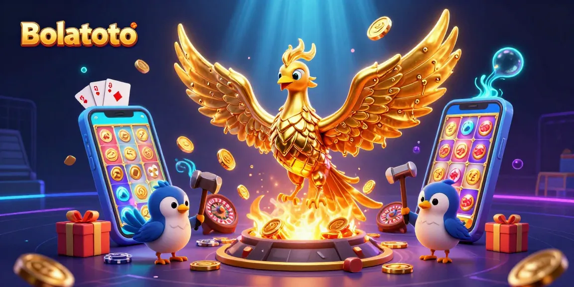 Bolatoto's golden phoenix embodies winning strategies with a vibrant casino scene.
