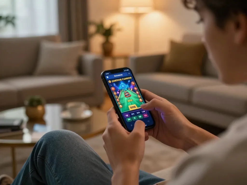 Player engages with the thabet app on a smartphone, surrounded by a cozy home atmosphere.