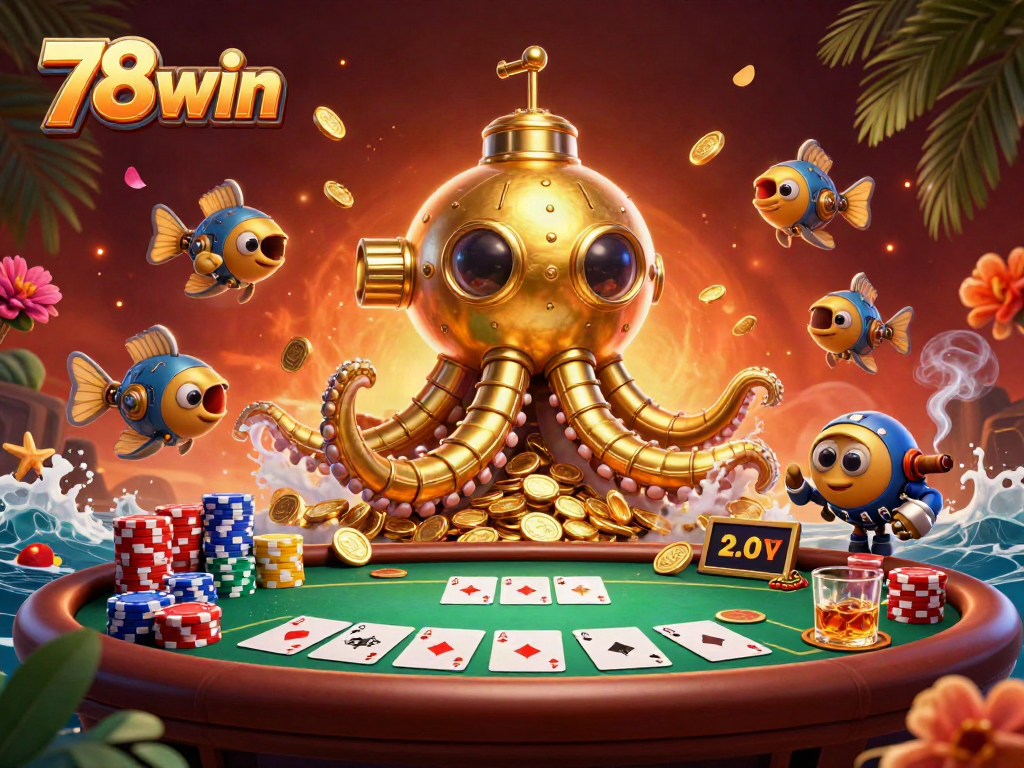 Experience the thrilling ambiance of 78win with a golden kraken submarine amidst poker excitement.