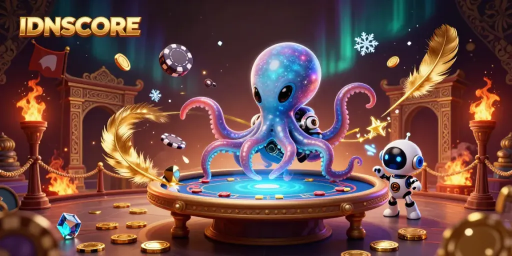 Experience IDNSCORE with an alien octopus conducting a thrilling poker game in a cosmic atmosphere.