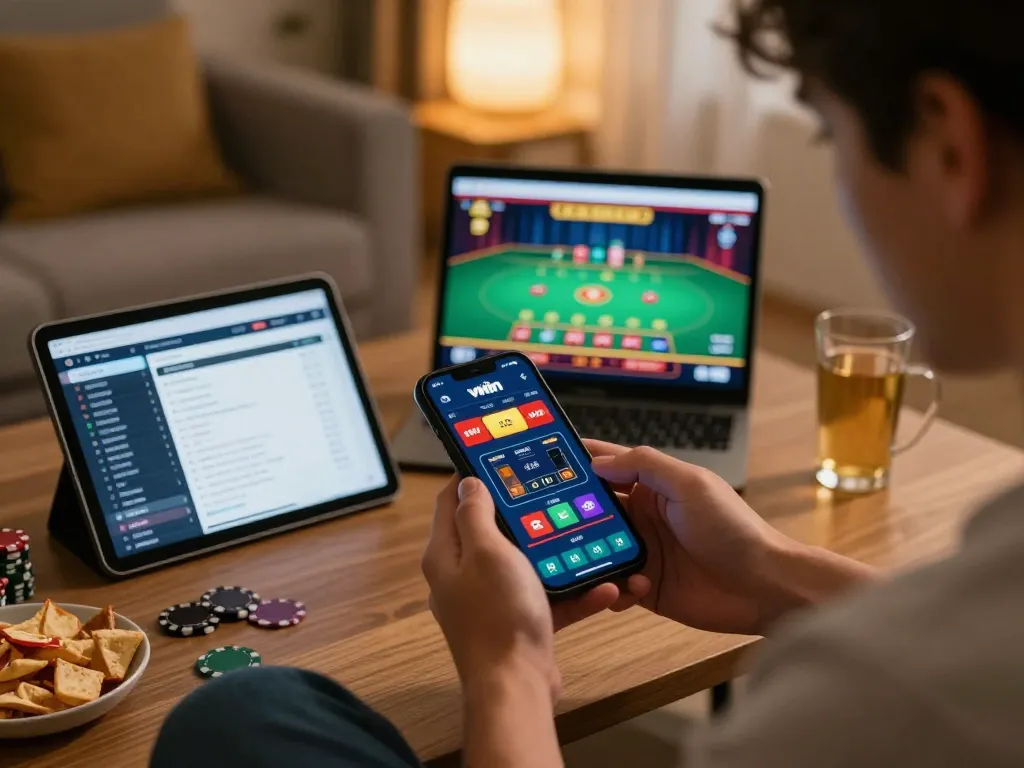 Player engages with the VWIN betting app on their smartphone while enjoying a cozy gaming atmosphere.