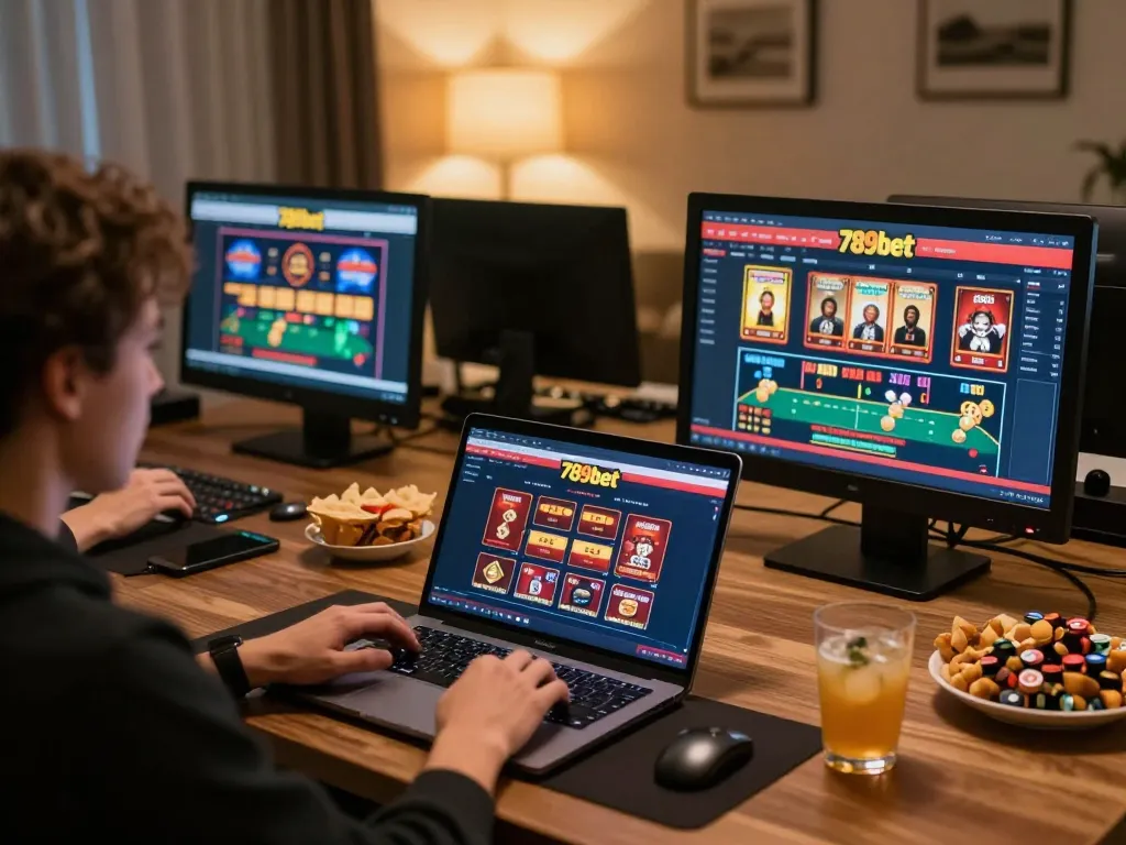 Engaging online gaming with 789bet casino interface on laptop during relaxed home session.