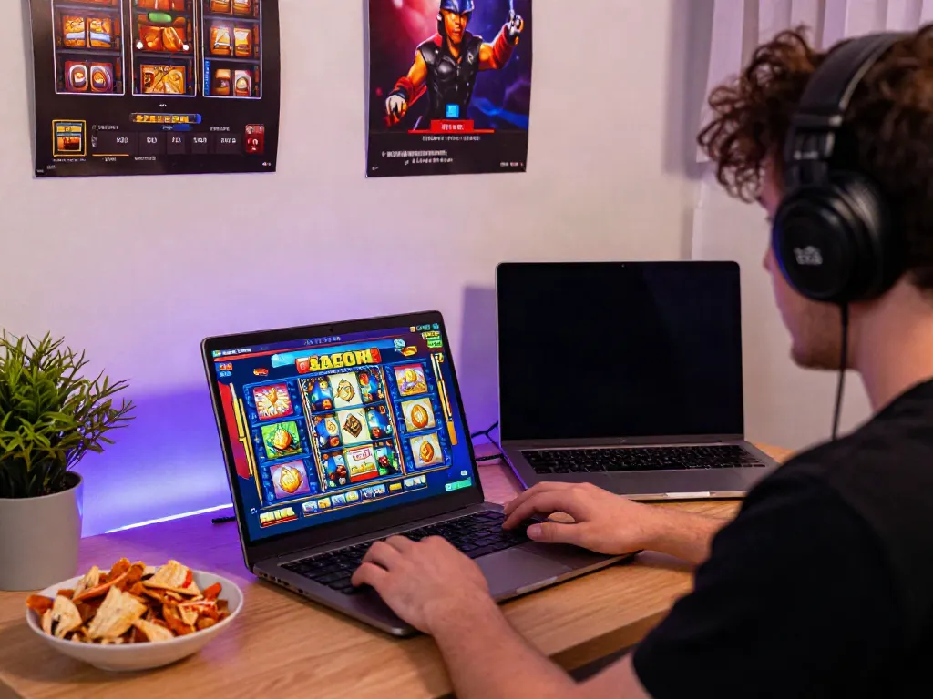 Player immersed in slot gacor game at home, showcasing vibrant gaming atmosphere.